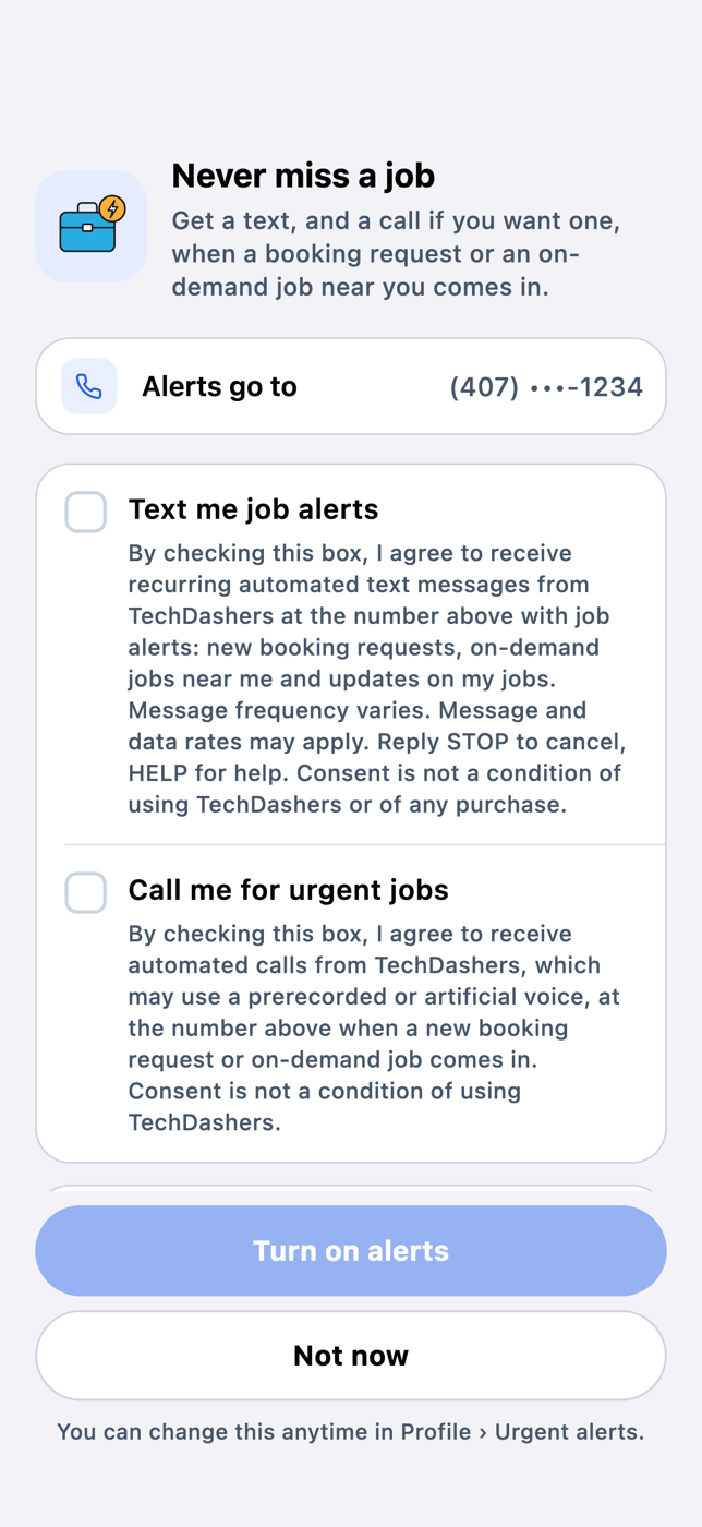 TechDashers app screen 'Never miss a job' with two unchecked boxes, 'Text me job alerts' and 'Call me for urgent jobs', each with its consent wording