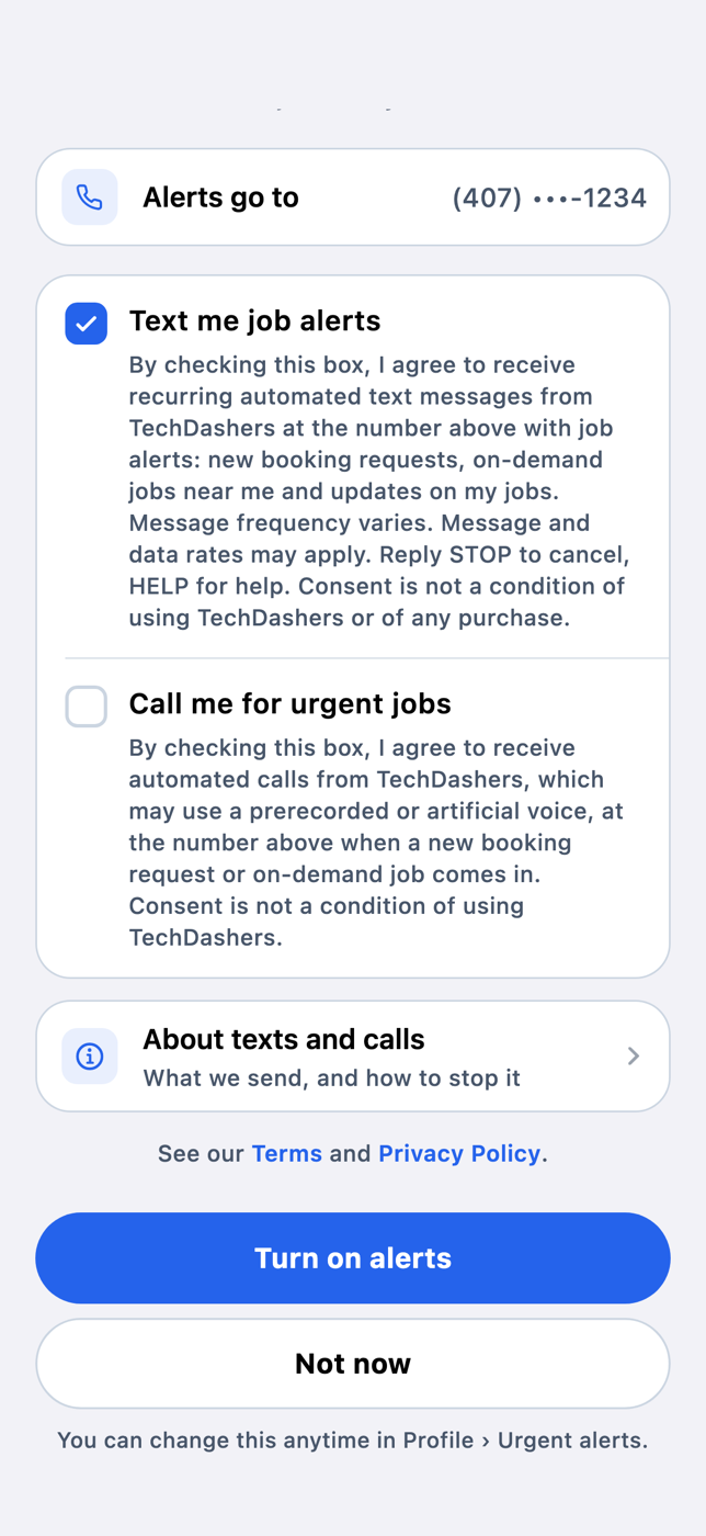 The same screen scrolled down: 'Text me job alerts' checked, links to About texts and calls, Terms and Privacy Policy, and the Turn on alerts and Not now buttons