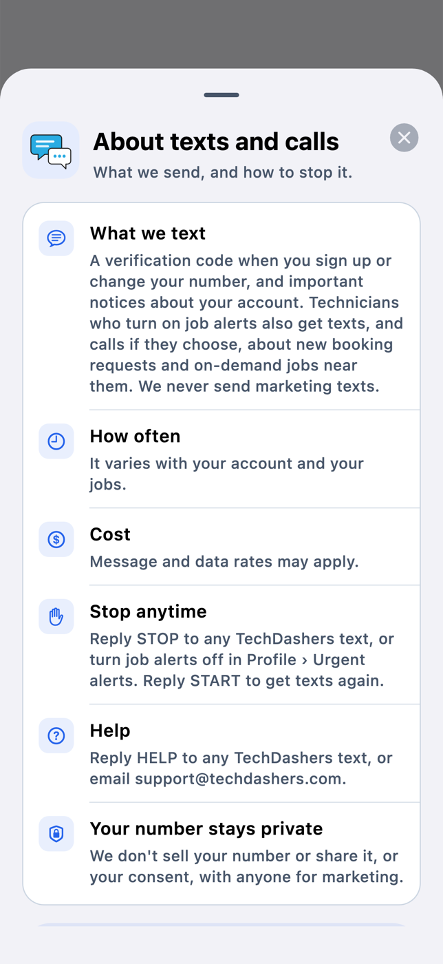 The About texts and calls notice: what we text, how often, cost, stop anytime, help, your number stays private